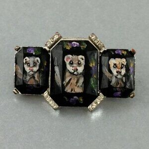 Hand-Painted Ferret Black Brooch Pin Silvertone Metal  Pet Artisan Polecat